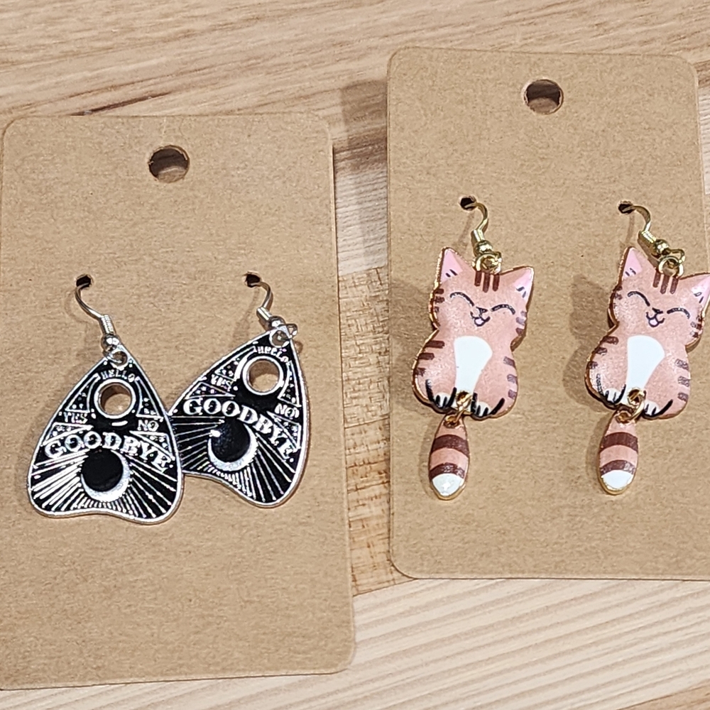 Handmade Chocolate Tiger Cat Dangle Tail & Metal Ouija Board Eye Earrings Set